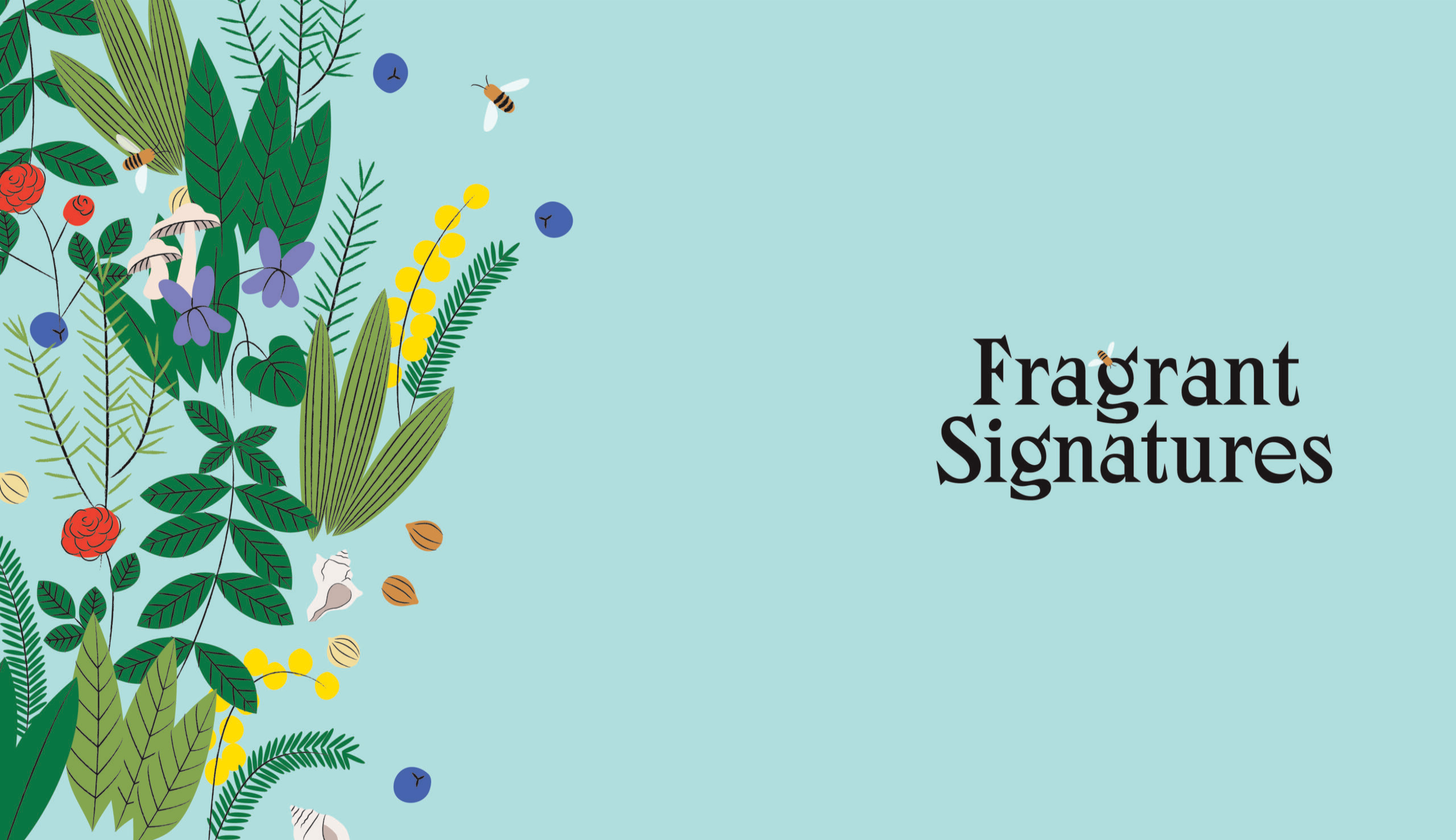 Fragrant Signatures association graphic with botanical motifs and bees